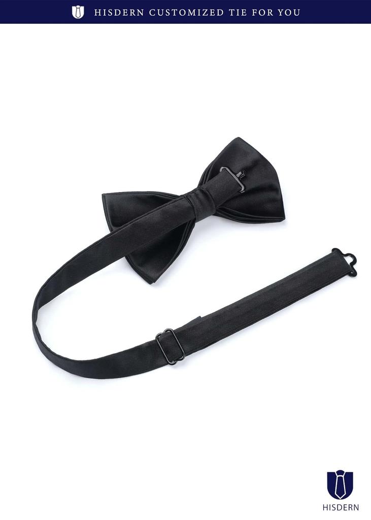 [HISDERN] Black Bow Tie for Men, Plain Silk, Formal Wear, Hook Closure, Easy to Put On and Take Off, Party Gift By BR-04