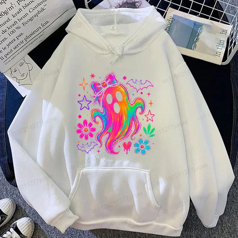 Rainbow Ghost Halloween Women Hoodie Y2k Style Sweatshirt Cute Bow Graphic Clothes Flower Bat Halloween Tracksuits Party Clothes