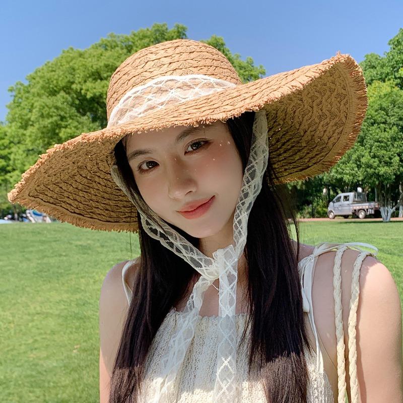 Summer Bow Sun Hat Female, Seaside Beach Vacation Sun Hat Outdoor Big Brim Sun Hat Sweet Straw Hat