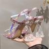 Mode Eilyken Mode Schmetterlingsknoten Schnallenriemen Eckige Zehenpartie Damen Sandalen Design Kristall Transparent Hohe Absätze Bankett Partyschuhe