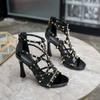 Rivet High Heel Sandals Women Summer Shoes Fashion Open Toe Sexy Black Sandalias Hollow Out 10cm Thin Heel Sandales Femmes 2024