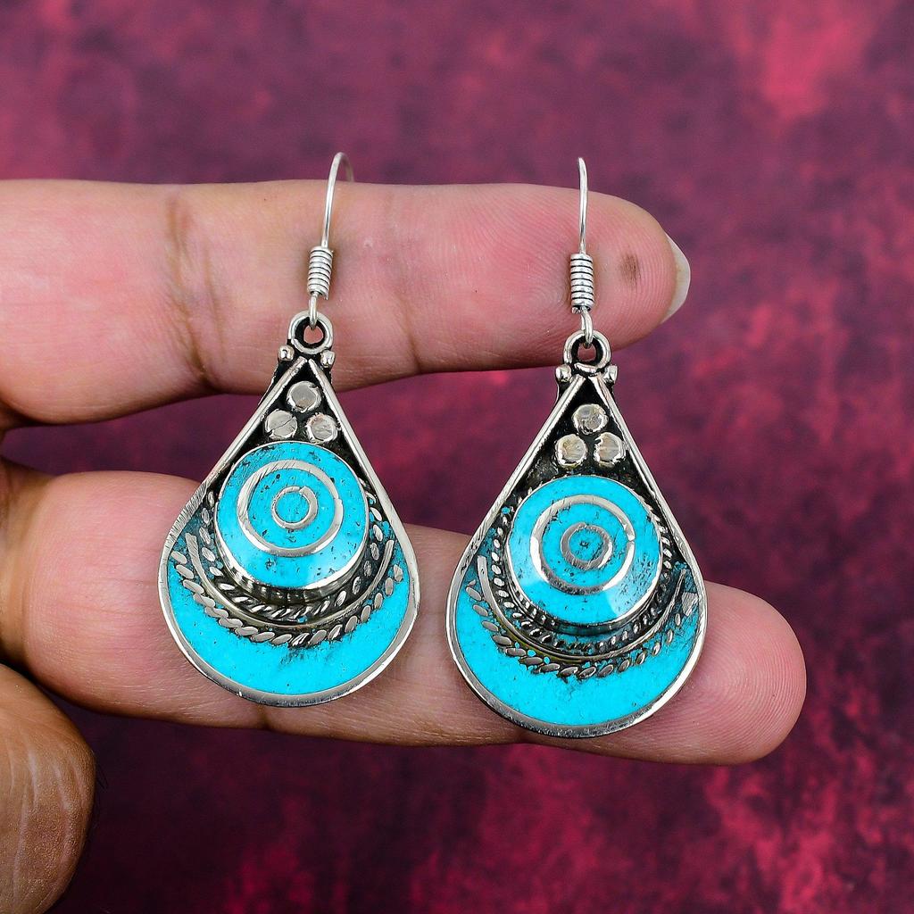 Turquoise 925 Solid Sterling Silver Earrings, Handmade Gemstone Nepali Earrings Jewelry, Gifts For Wife Brand New Earrings