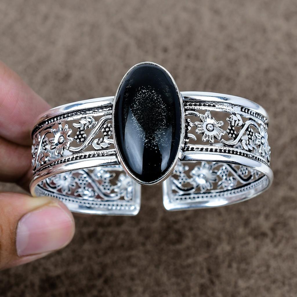 Silver Sheen Obsidian Gemstone 925 Sterling Silver Cuff Bangle Adjustable KKG-777