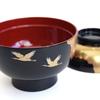 Maeju Lacquerware Zoni Bowl (450ml) - Large size, with lid, lustrous black interior with red lacquer and crane design, gold mica, traditional craft, Y