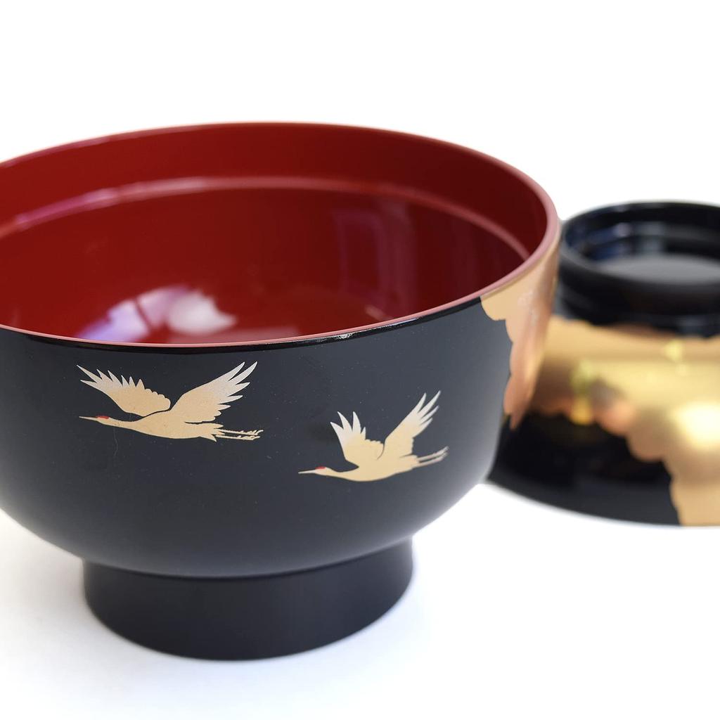 Maeju Lacquerware Zoni Bowl (450ml) - Large size, with lid, lustrous black interior with red lacquer and crane design, gold mica, traditional craft, Y