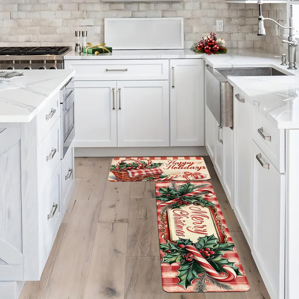 2Pcs Anti Fatigue Kitchen Rugs Festive Christmas Waterproof Non-Slip Thick Cushioned Kitchen Mat Heavy Duty Comfort Standing Mat for Kitchen