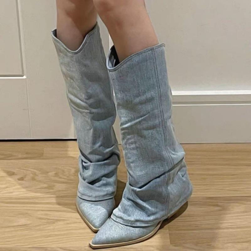 Women Pleated Blue Denim Boots New Square Heel Middle Heels Pointed Toe Women Shoes Retro Knee-High Long Boots Large Size 39- 42