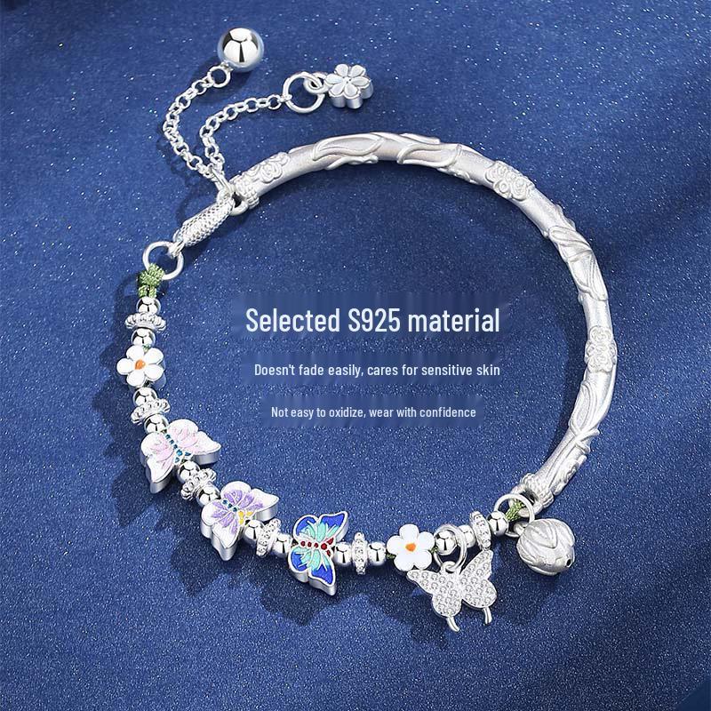 925 Sterling Silver Small Flower Butterfly Half-Bangle Half-Chain Bracelet - Light Luxury, High-End New Chinese National Style