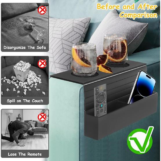 Couch Arm Tray, Couch Arm Table with 2 Non-Slip Cup Coasters and Sofa Backrest Shelf, 19.88 X 12.6 Inch Couch Cup Holder Tray, Stable and Fixed, Easy