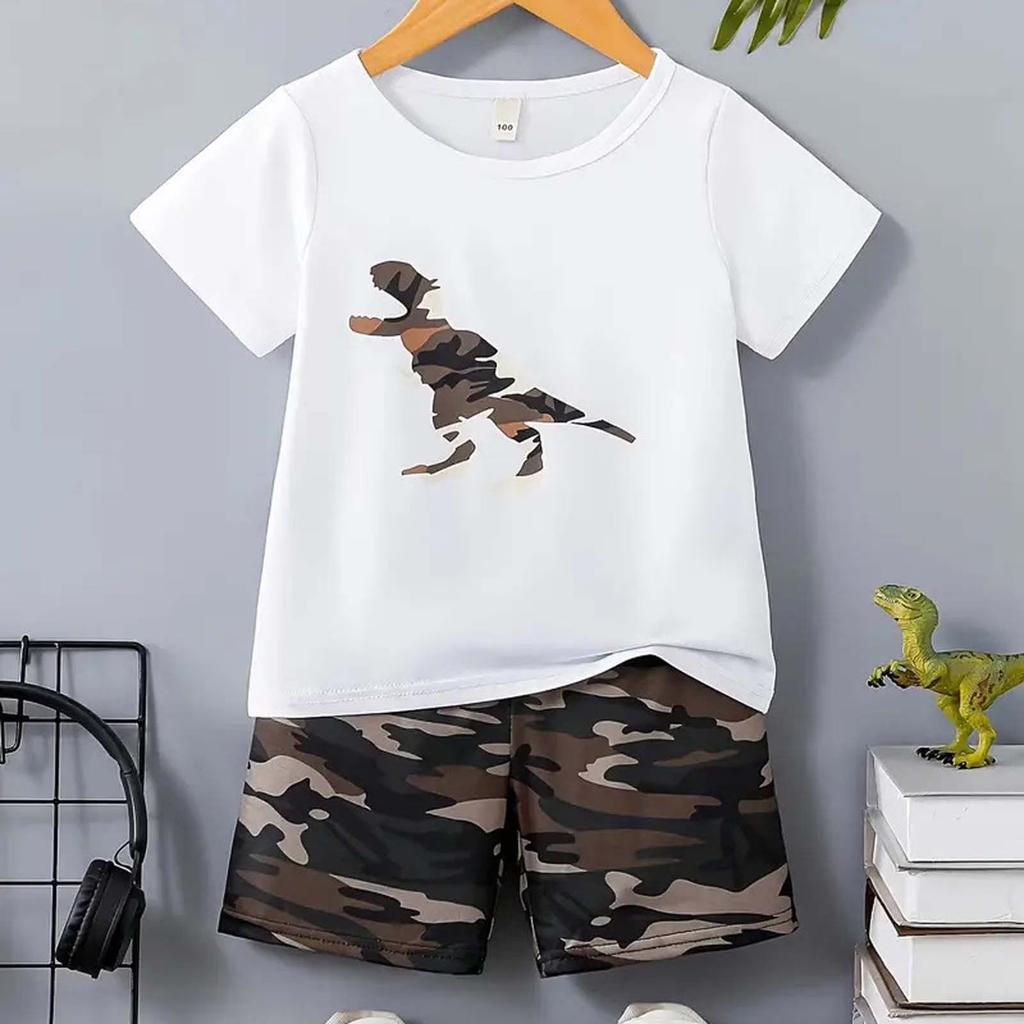 Boys Cartoon Dinosaur Short Sleeve T Shirt and Camouflage Shorts Set Summer Casual Outfit Lightweight Comfortable Fabric