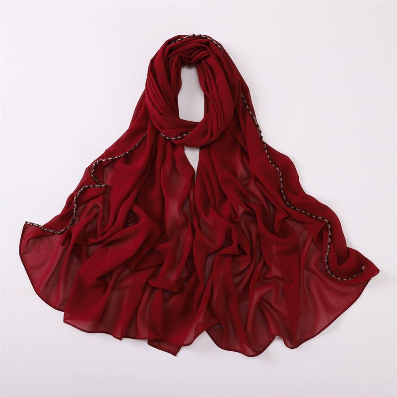 Plain Gold Ball Pearl Chain Bubble Chiffon Instant Shawls Scarf Lady High Quality Beach Stole Bufandas Muslim Hijab 175*70Cm