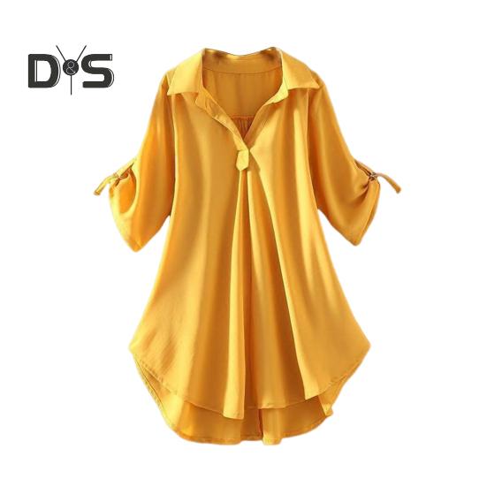 

Женская рубашка с лацканами и половиной рукава, повседневные топы средней длины, сплошной цвет с талией, обтягивающая свободная шифоновая блузка, повседневная одежда XXL жёлтый
