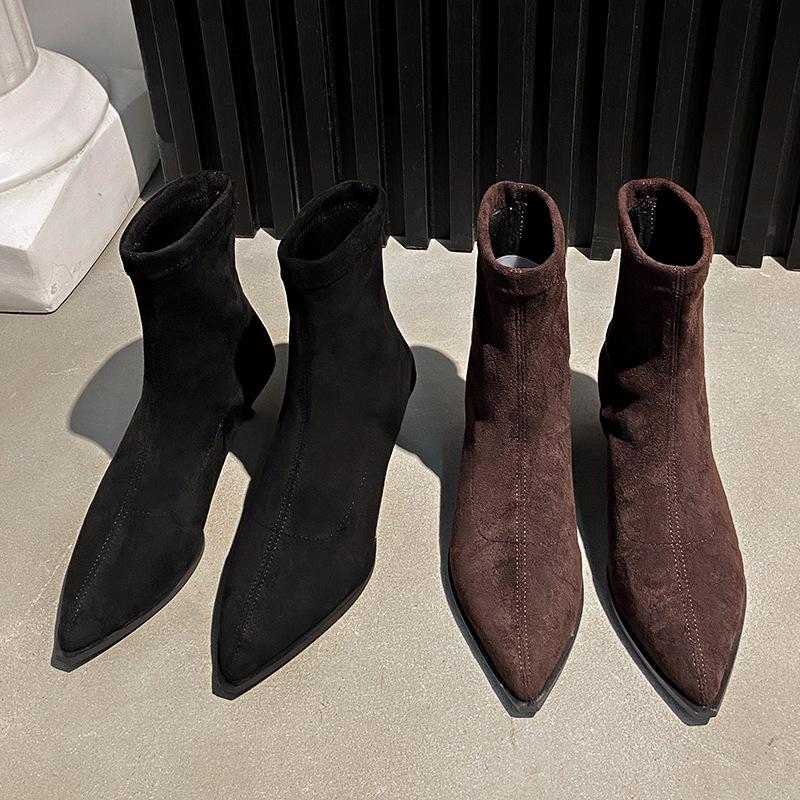 High Heeled Pointed Temperament Suede Short Boots for Women, 2025 New Autumn and Winter with Suede Fine Heels Korean Boots