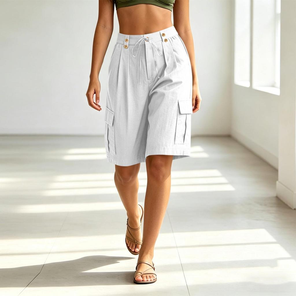 Damen Freizeit Cargo-Shorts knielang mit Knopfverschluss und Seitentaschen Leichter atmungsaktiver Stoff Geeignet für den täglichen Gebrauch