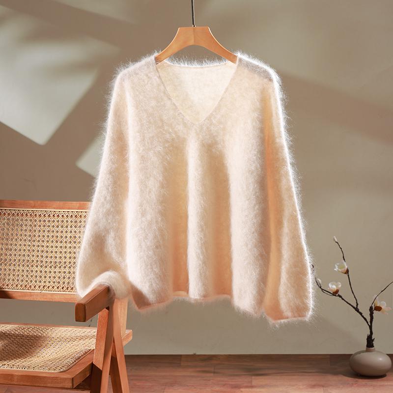 Women's Soft Brushed Cashmere V-Neck Sweater - Loose, Fluffy, Lazy Style Base Layer