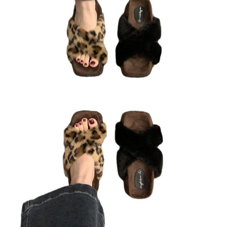 Retro cross Mao Mao outer slippers spring and summer casual versatile gentle leopard print thick-soled Mao Mao shoes cotton drag women's shoes