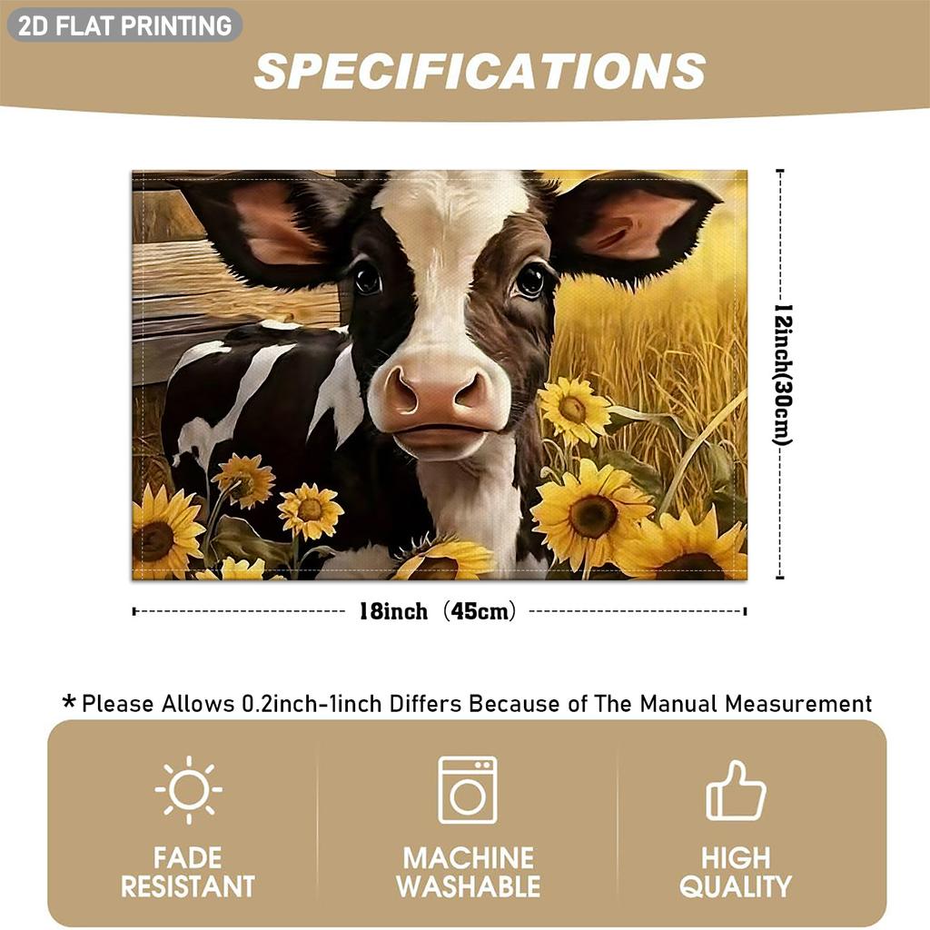 4/6pcs Set of Cute Cow and Sunflower Patterned Linen Placemats, 2D Flat Design, Suitable for Indoor/outdoor Party Dining Decor, Kitchen Table Decorati