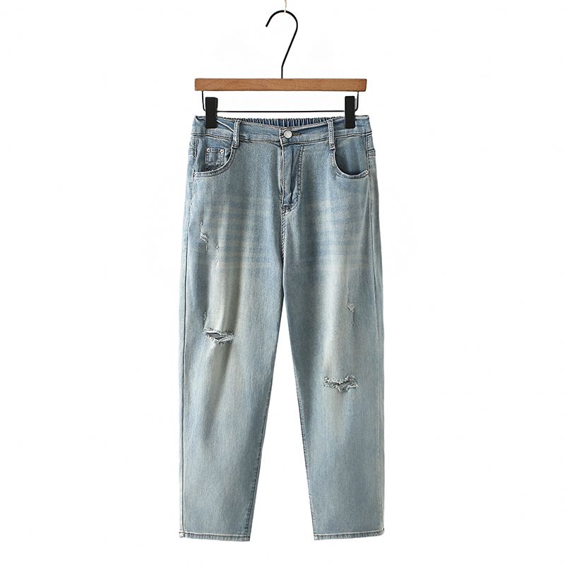 

Plus Size Ripped Stretch Denim Plus Size Ladies Slim Looking Small Pants Half Elastic High Waist Loose Cropped Harem Pants Light blue XL recommended 60.00 kg-70.00 kg
