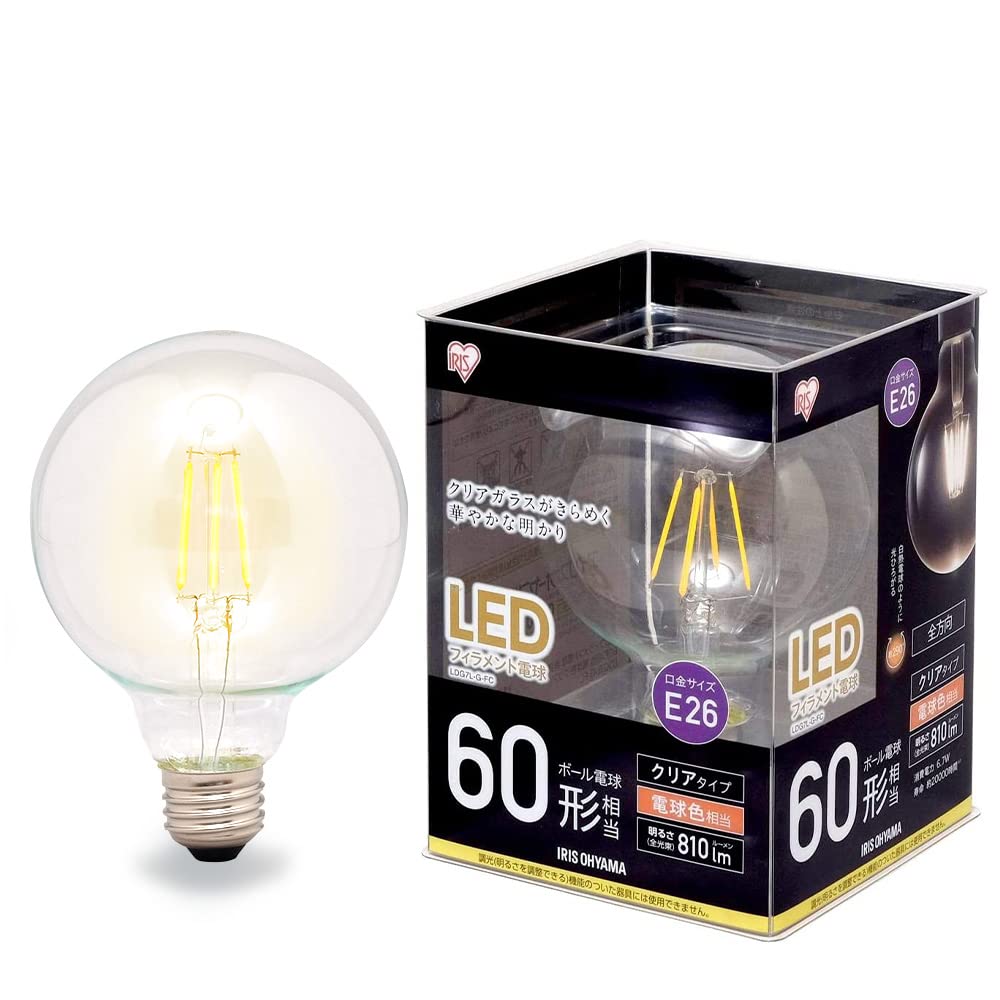 

IRIS OHYAMA LED Bulb, 26mm Filament Base Diameter, 60W Equivalent, Ball Bulb Type, Compatible with Sealed Fixtures, Warm White, Clear (LDG7L-G-FC)