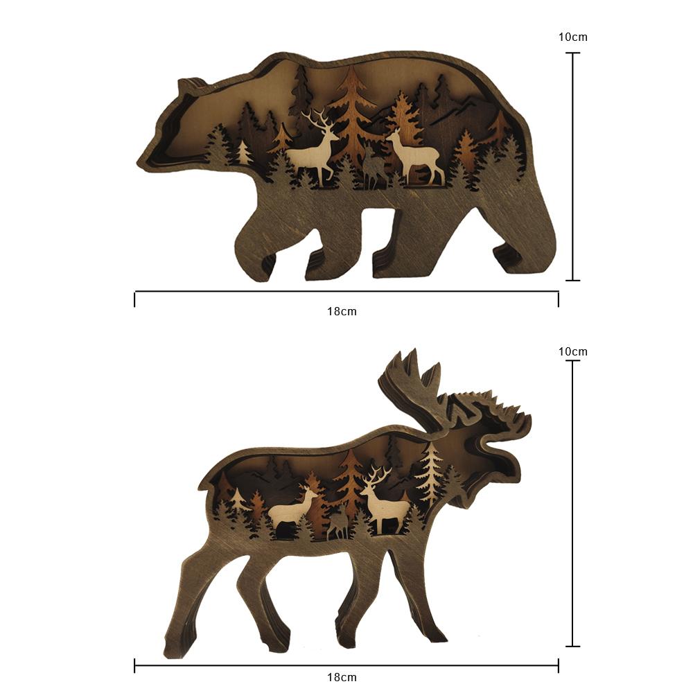 Wood Creative Elk Brown Bear Home Ornaments Hand Carved Wooden Decoratisn