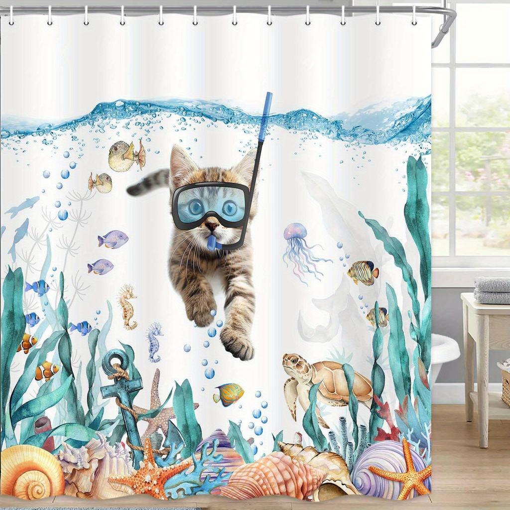Scuba Diving Cat Shower Curtain Funny Underwater Scene Print Waterproof Polyester Bathroom Decor Bath Curtain