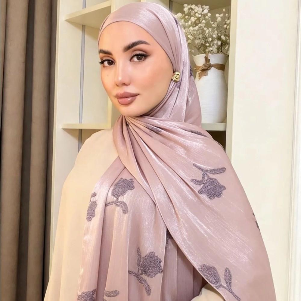 Glitter Floral Embroidery Hijab 70*175CM Crinkle Plain Scarves Fashion Islamic Head Wrap  For Women