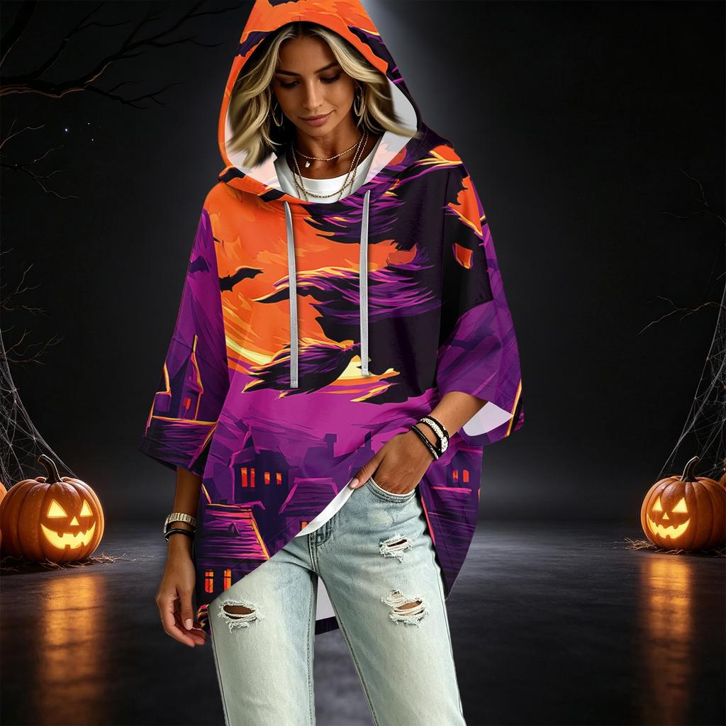 Women's Fashionable Three-Quarter-Sleeve Halloween-Printed Hooded Pullover