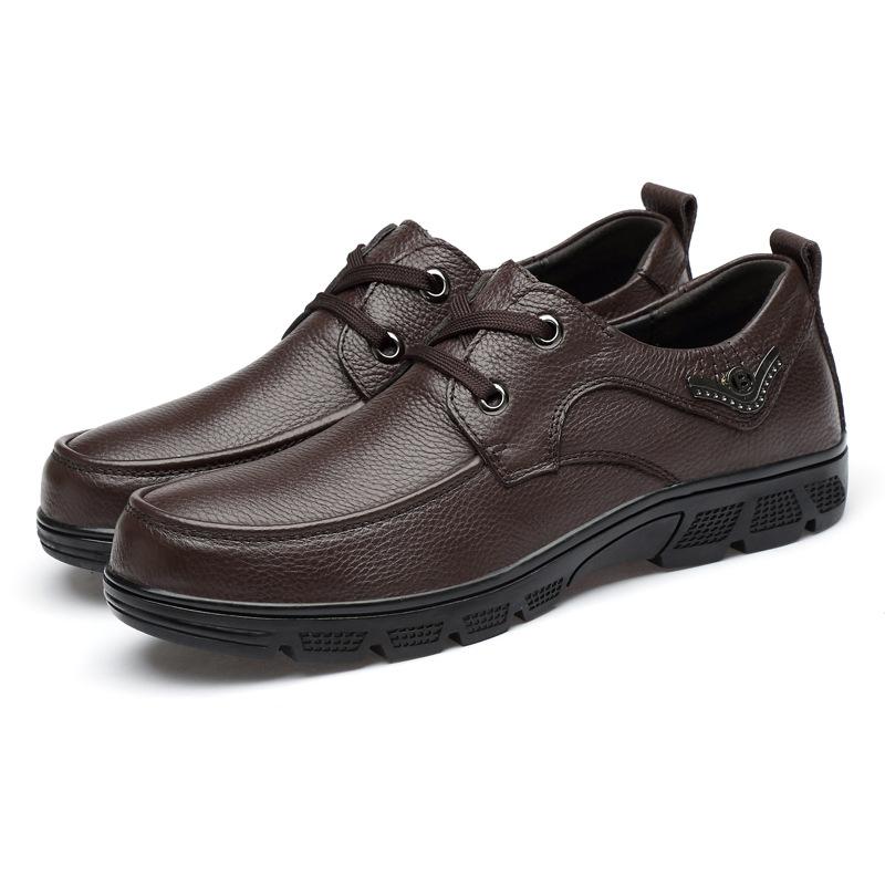 Spring and Autumn cowhide wide feet round head shallow mouth large size foot cover men's shoes outdoor casual leather shoes rubber non-slip sole