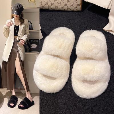 Step On the Large Size New Shoes Cotton Drag Feeling Home Hair Drag Hair Slippers Women's Plush Spring and Autumn Word Shit 2025 Flat Bottom