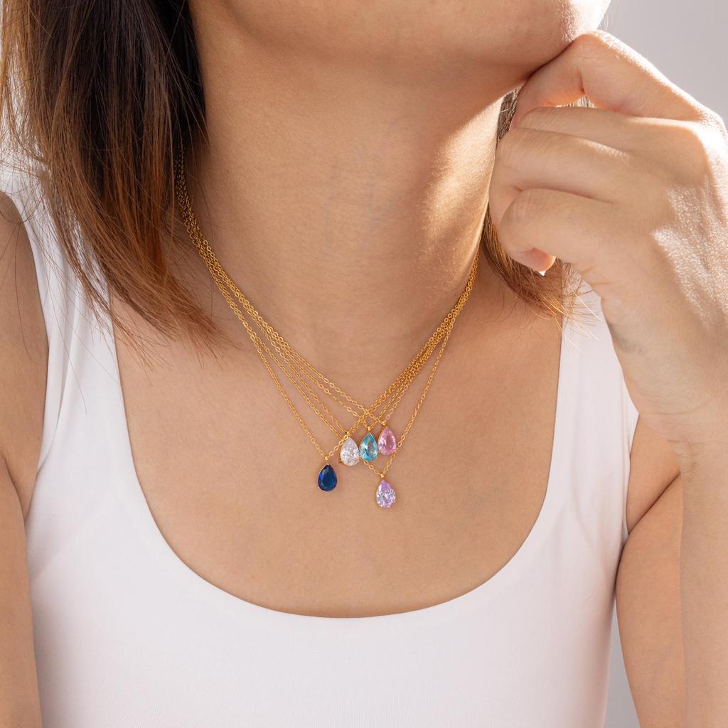 1pc Fashion Jewelry 18K Gold Plated Chain WaterDrop Diamond Pendant Necklace Stainless Steel 12 Months Birthstone Necklace