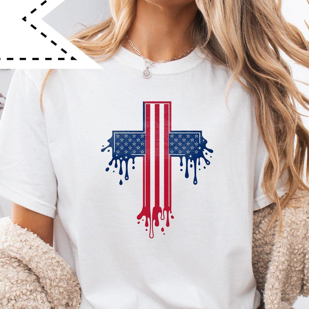 4th of July Freedom Cross Graphic Tee, USA Patriotic Flag Shirt, Independence Day Unisex Apparel, Christian Shirt