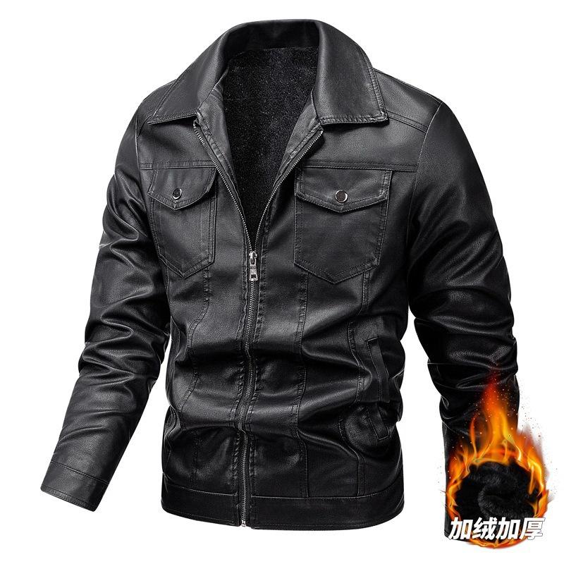 Men's Black Leather Jacket Spring Autumn Winter Youth Slim Fit Trend Fleece Thickened Locomotive Jacket Men's Leather Jacket