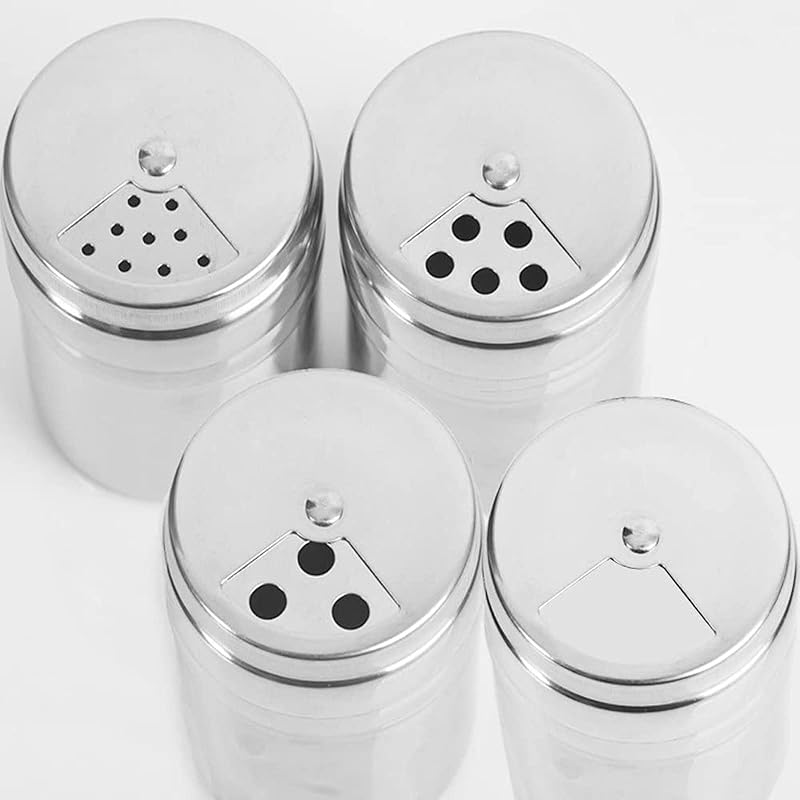 2PCS Stainless Steel Seasoning Shaker with Rotating Lid Buckle, Flour Spice Shaker, Dredge Shaker Metal Salt and Pepper Shakers