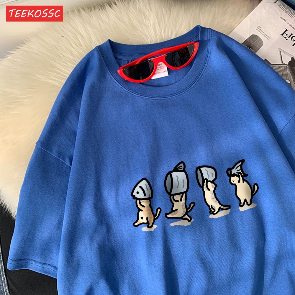 Quattro Gatti Piccoli Che Tengono Pescecotone Magliette da Donna Stampe Cartoni Animati T-Shirt Morbide Girocollo Larghi Manica Corta Top Vestiti Estivi
