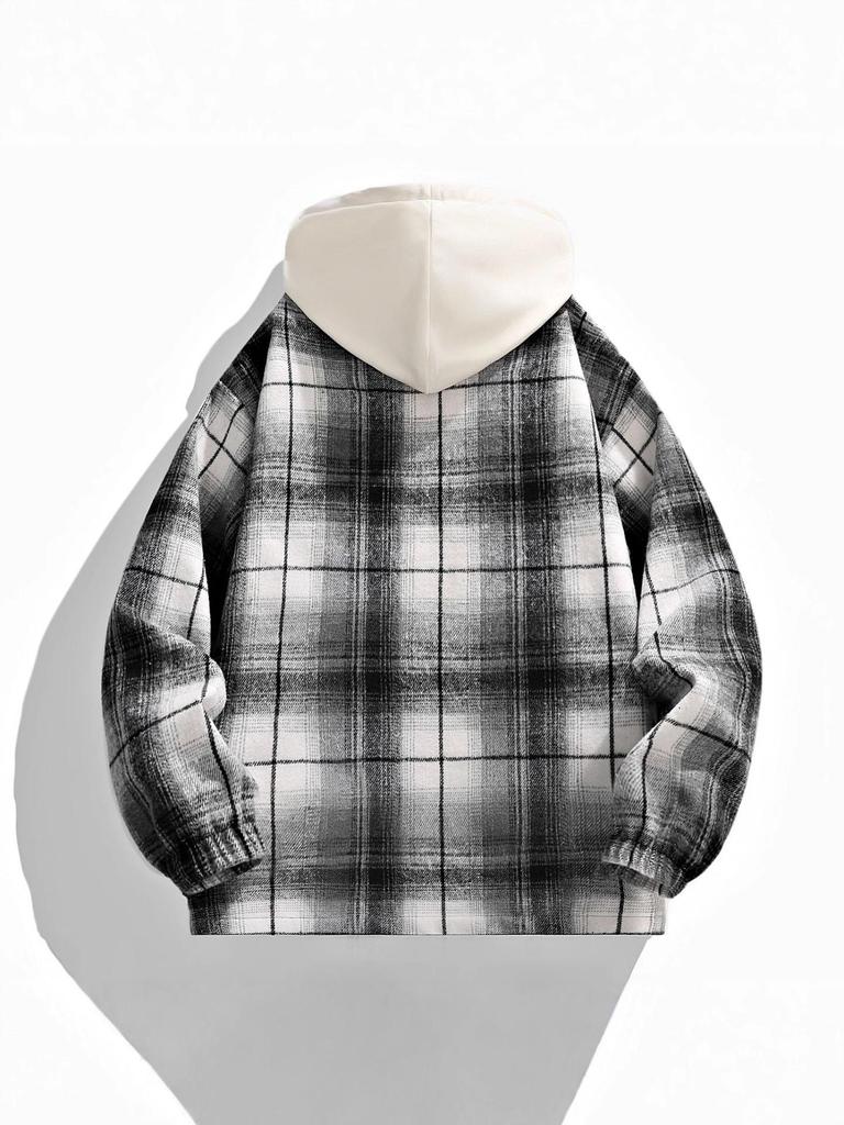 2025 Autumn Men's Retro Plaid Hooded Fake Two-Piece Casual Jacket