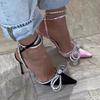 Women New Silk Sandals Fashion Party Prom Shoes Glitter Rhinestones Crystal Bow Pointed Toe Shoes Thin Buckle Strap High Heels