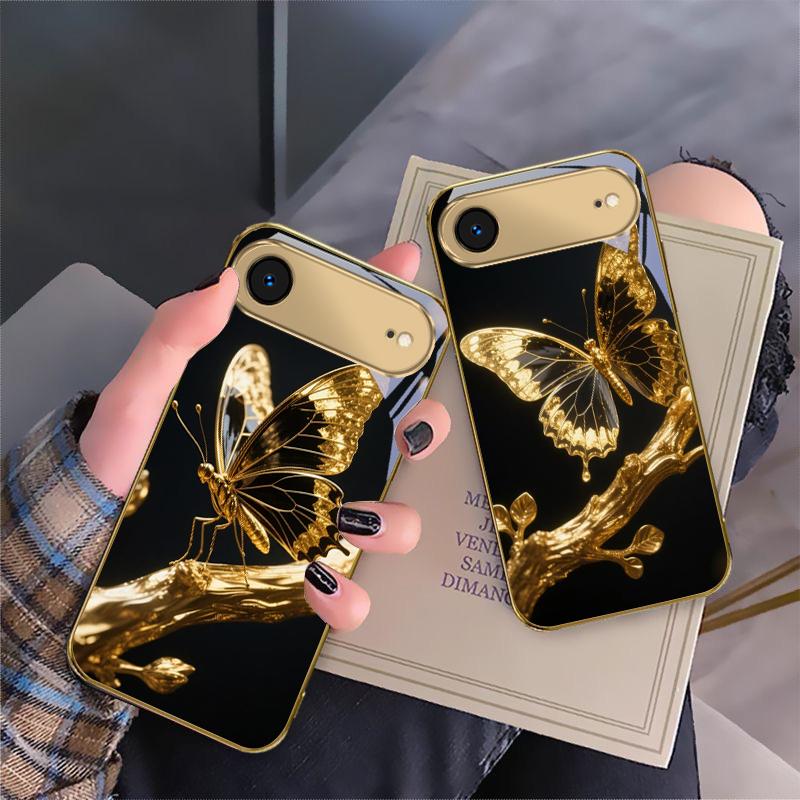 Schmetterling auf dem Ast Für IPhone 17Pro Max 16 17 Pro 15 Pro 14 13 Plus 12 Mini 11Pro Max XR 16E 17 Air Goldene Glas-Handyhülle