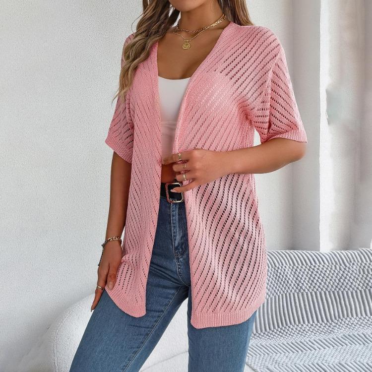 Women's Elegant V Neck Loose Knitted Cardigan Solid Check Sweater Tops for Spring Summer Fashion