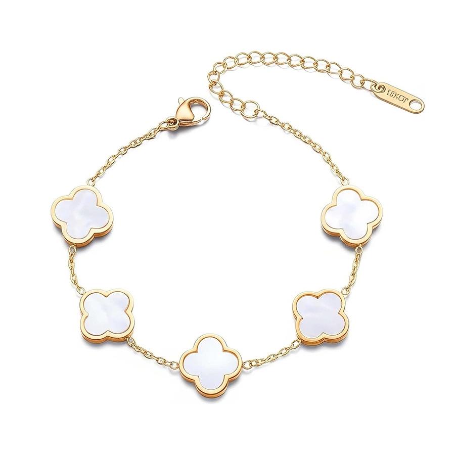 18K Gold Plated Four-Leaf Clover Bracelet with Mother-of-Pearl, Titanium Steel Jewelry Piece, Double-Sided Smooth Surface