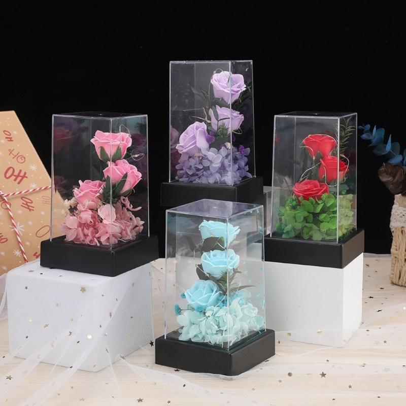 Light Up Rose in Acrylic Box Handmade Rose Flower with Led Light Preserved Flower Artificial Flower Ornament Home Decors