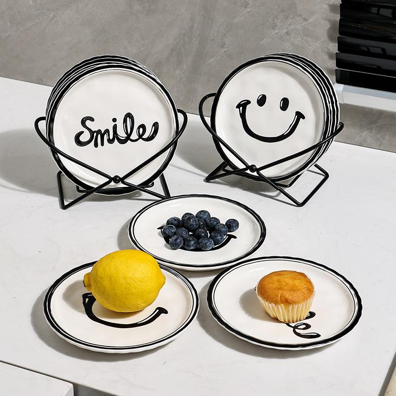 6PCS Smiling Plate Set Korean INS With Metal Rack Dessert Ceramic Plate Fruit Cake Dish Breakfast Bread Tray Dishs Decor Display