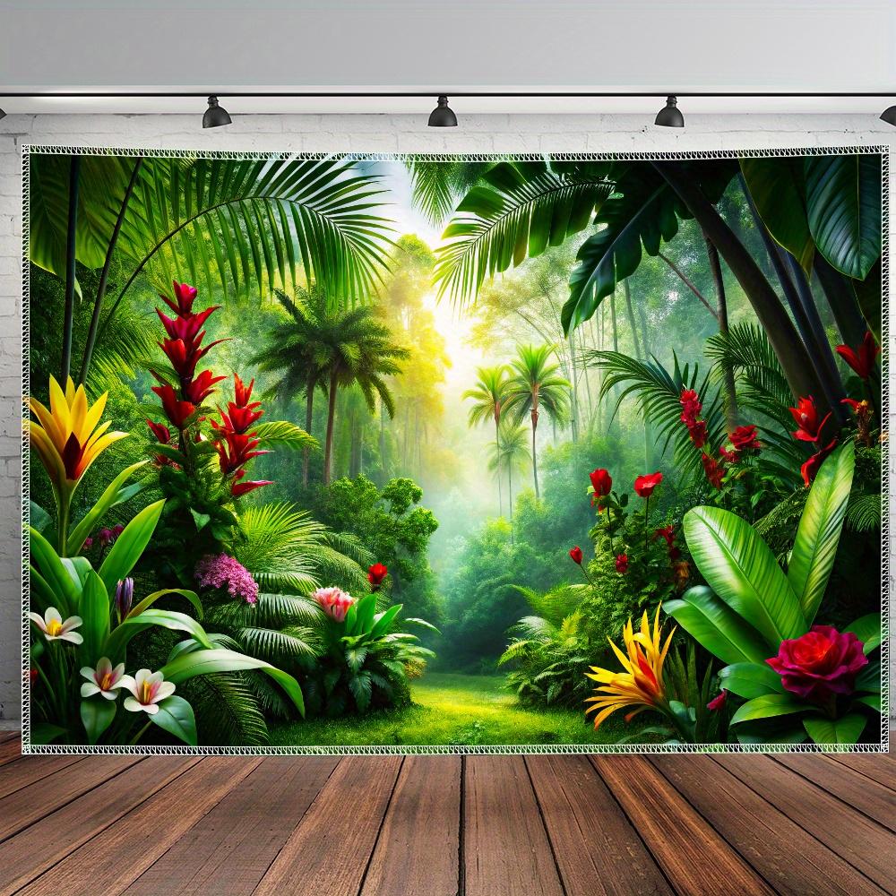 Tropical Rainforest Tapestry, Lush Jungle Plants And Colorful Flowers, Exotic Nature Wall Hanging For Living Room Bedroom