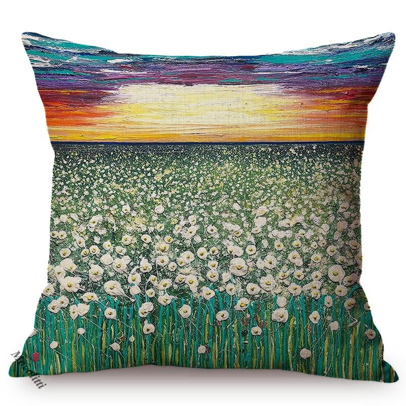 Sunrise Landscape Oil Painting Art Sofa Decorative Throw Pillow Case Sunset Flower Sea Living Room Chair Cushion Cover Cojines