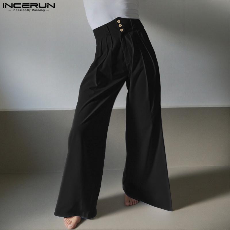 INCERUN Men High Waist Zip-up Solid Color Casual Long Palazzo Pants