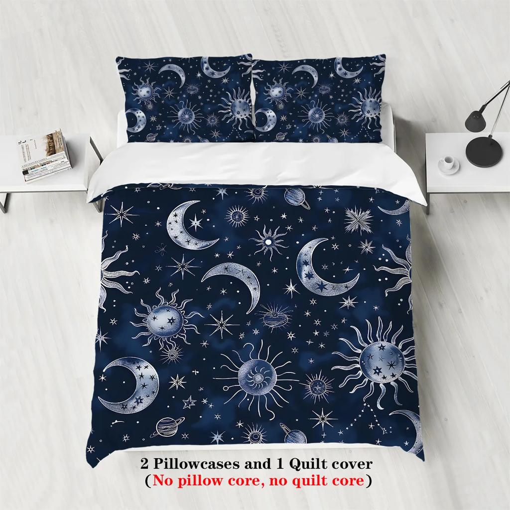 3pcs Sun and Moon Pattern Fashionable Printed Bedding Set 1 Duvet Cover+2 Pillowcases Suitable for Girls and Women Bedroom