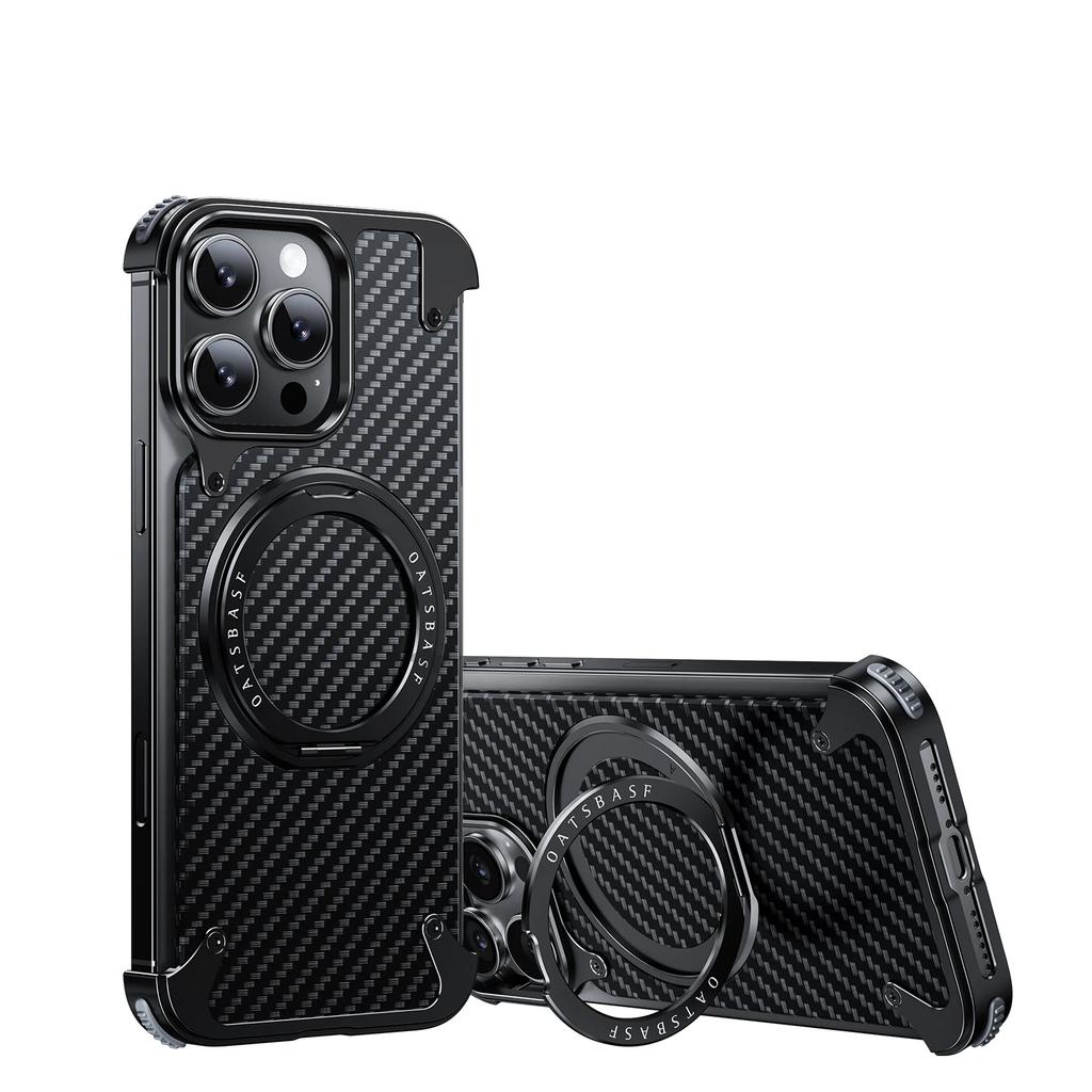 Oatsbasf Kryt na telefon s texturou uhlíkových vláken pro iPhone 16 Pro Max 16 Pro Ochranný kryt s 360° otočným magnetickým stojánkem