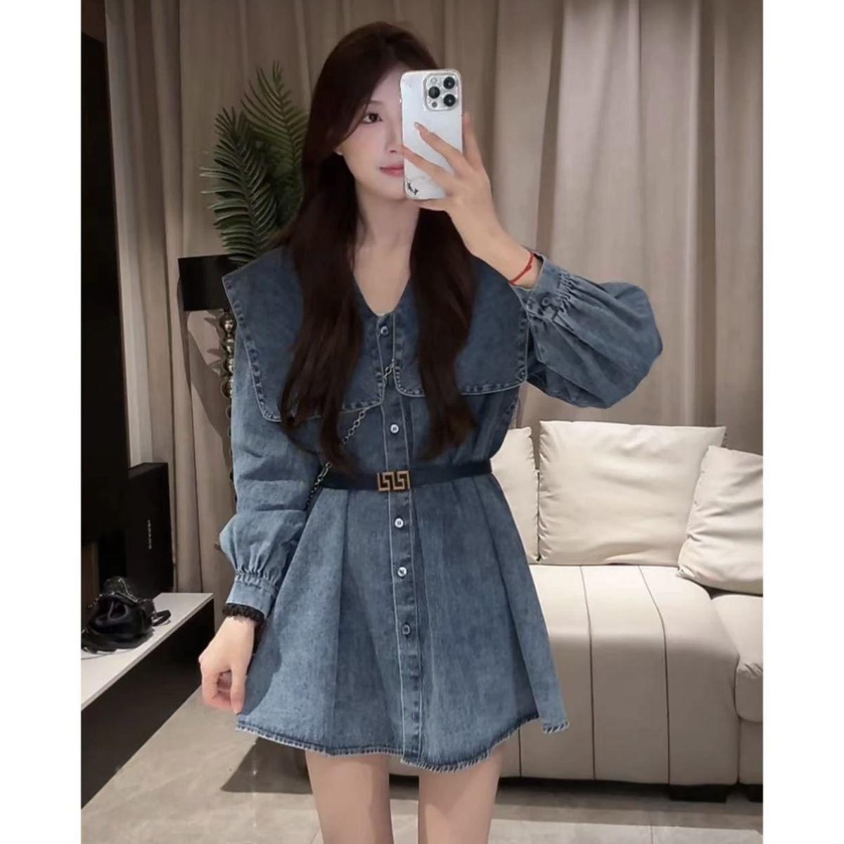

2025 Early Autumn Retro Slimming Mid-Length Denim Dress with Frog Closures - Korean Style, Petite Fit S