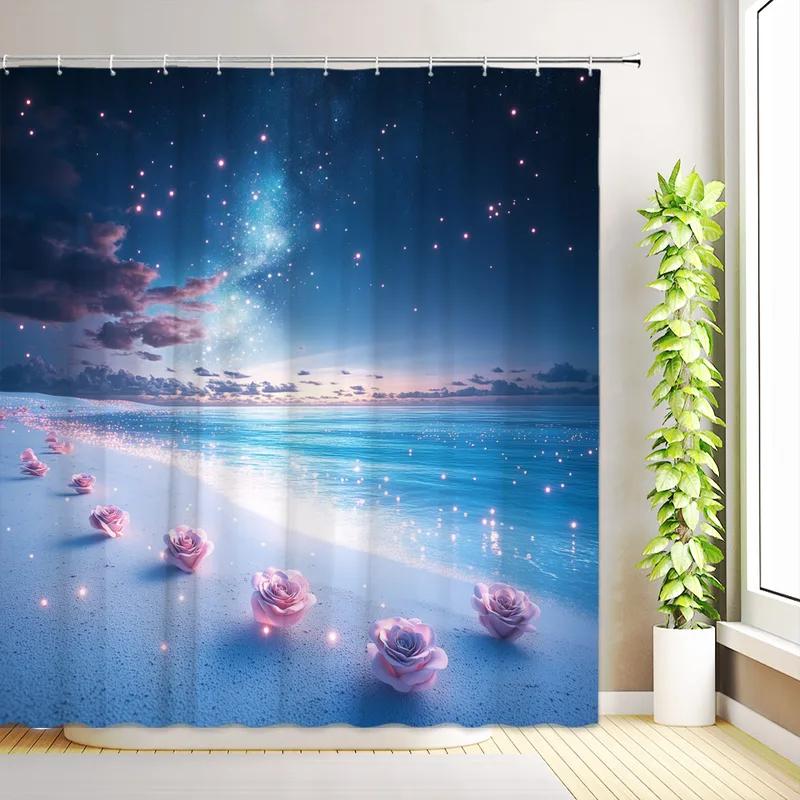 JY01Tropischer Strand Palme Duschvorhang Ozean Seestern Rose Blume Pflanzen Sonnenuntergang Aquarell Landschaft Badezimmerdeko mit Ho@1