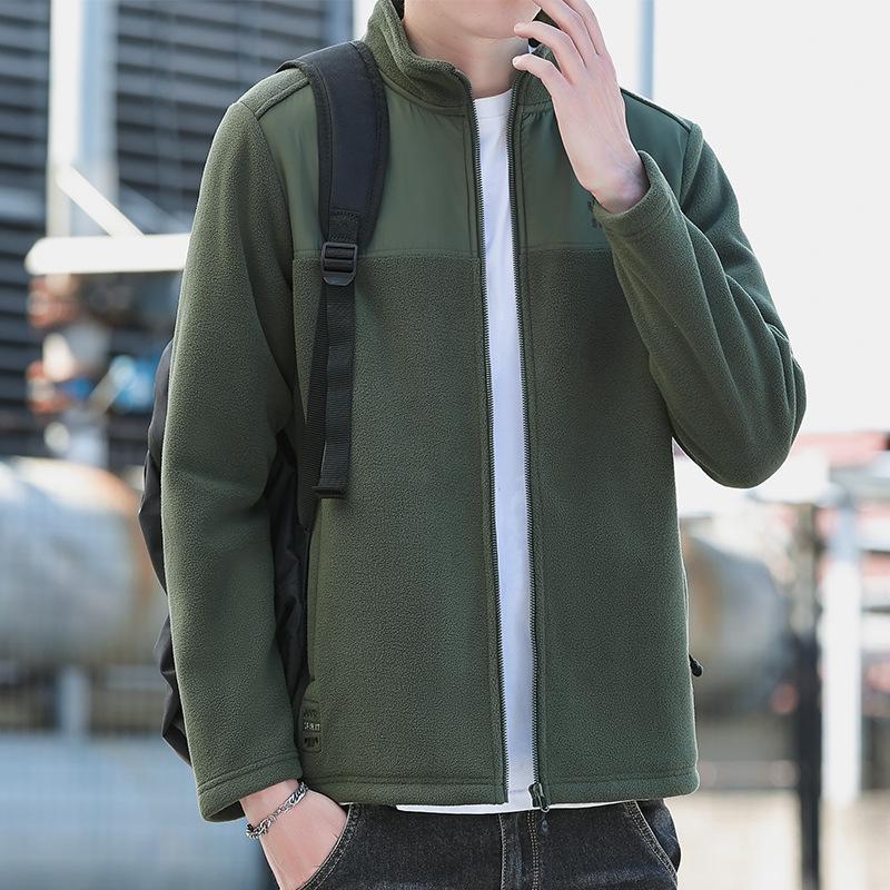 Men's Thickened Fleece Hoodie Jacket, Stand Collar, Casual Outdoor Warm Cardigan 7035