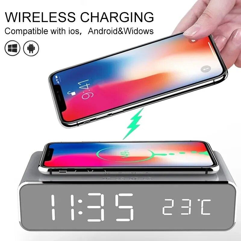 Bezdrátová nabíječka Časový budík LED Digitální teploměr Sluchátka Telefon Nabíječky Rychle nabíjecí dokovací stanice pro iPhone Samsung
